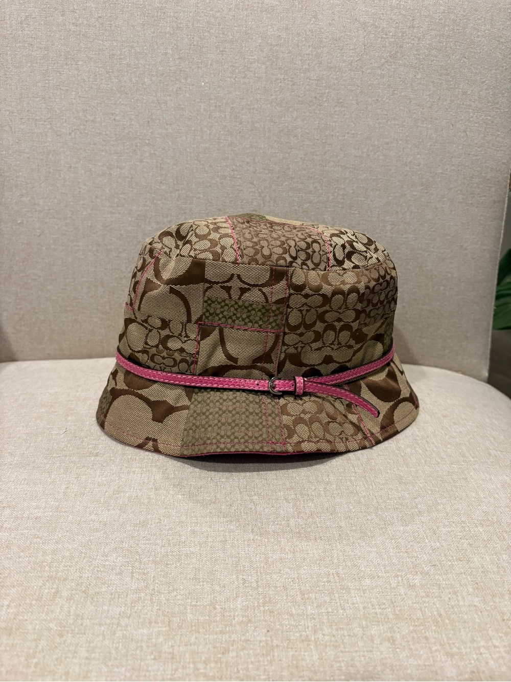 Coach Beige Patchwork Bucket Hat with Pink Trim